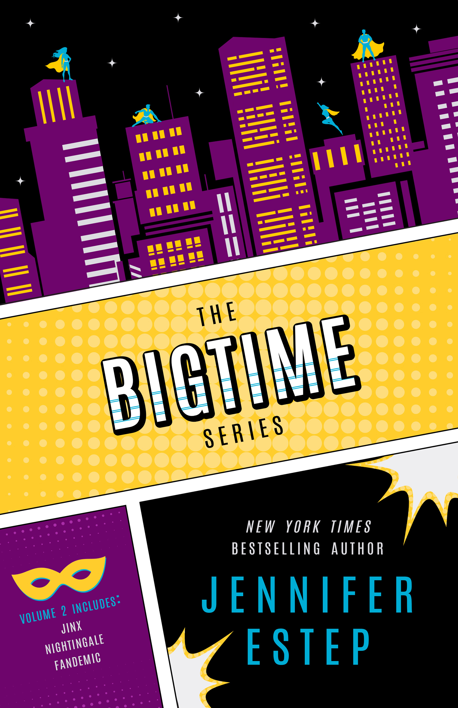 The Bigtime Series: Volume 1 — Pink city skyline with yellow banner and tiny superheroes