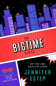 The Bigtime Series: Volume 1 — Purple city skyline with red banner and tiny superheroes