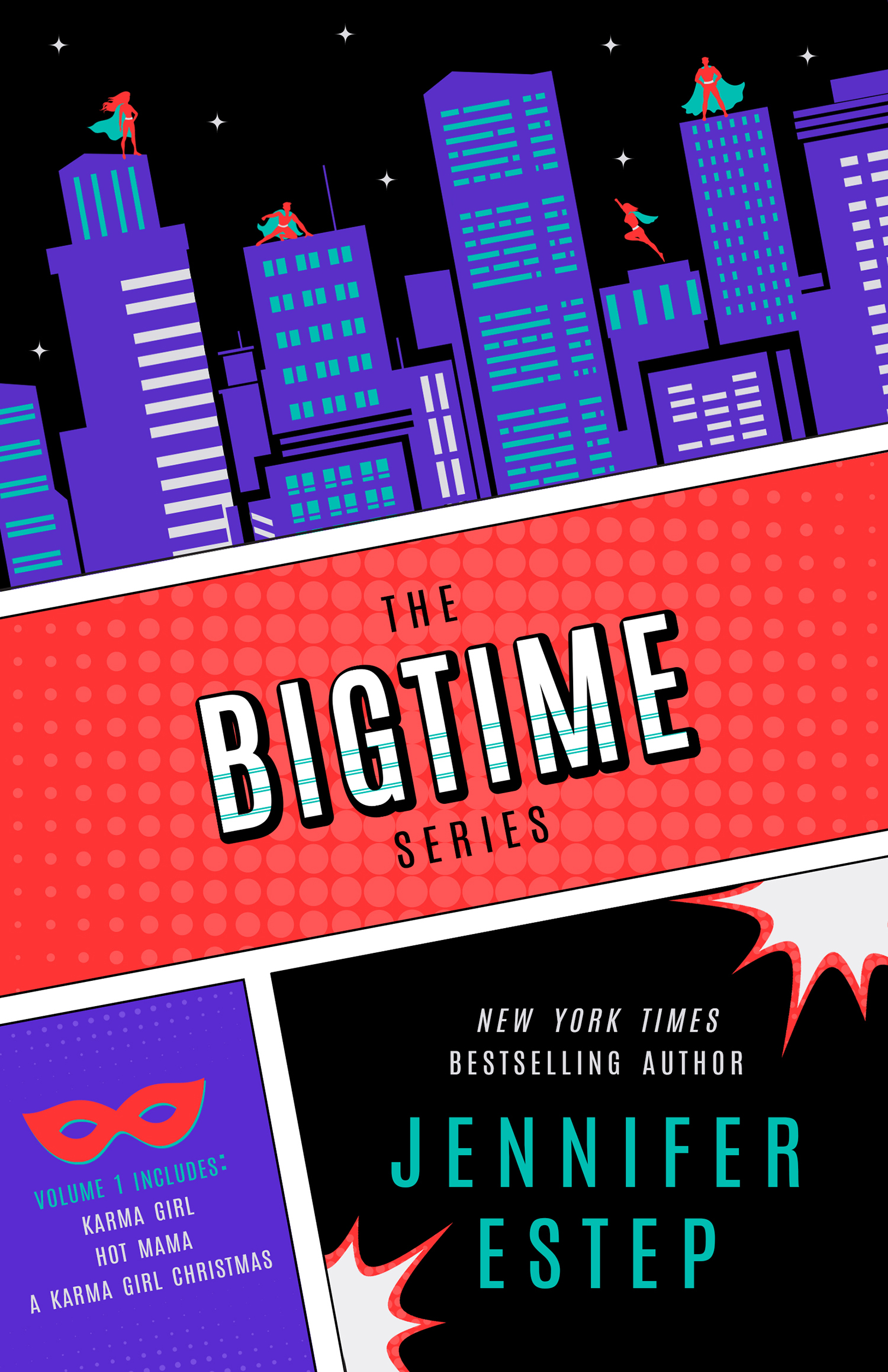 The Bigtime Series: Volume 1 — Purple city skyline with red banner and tiny superheroes