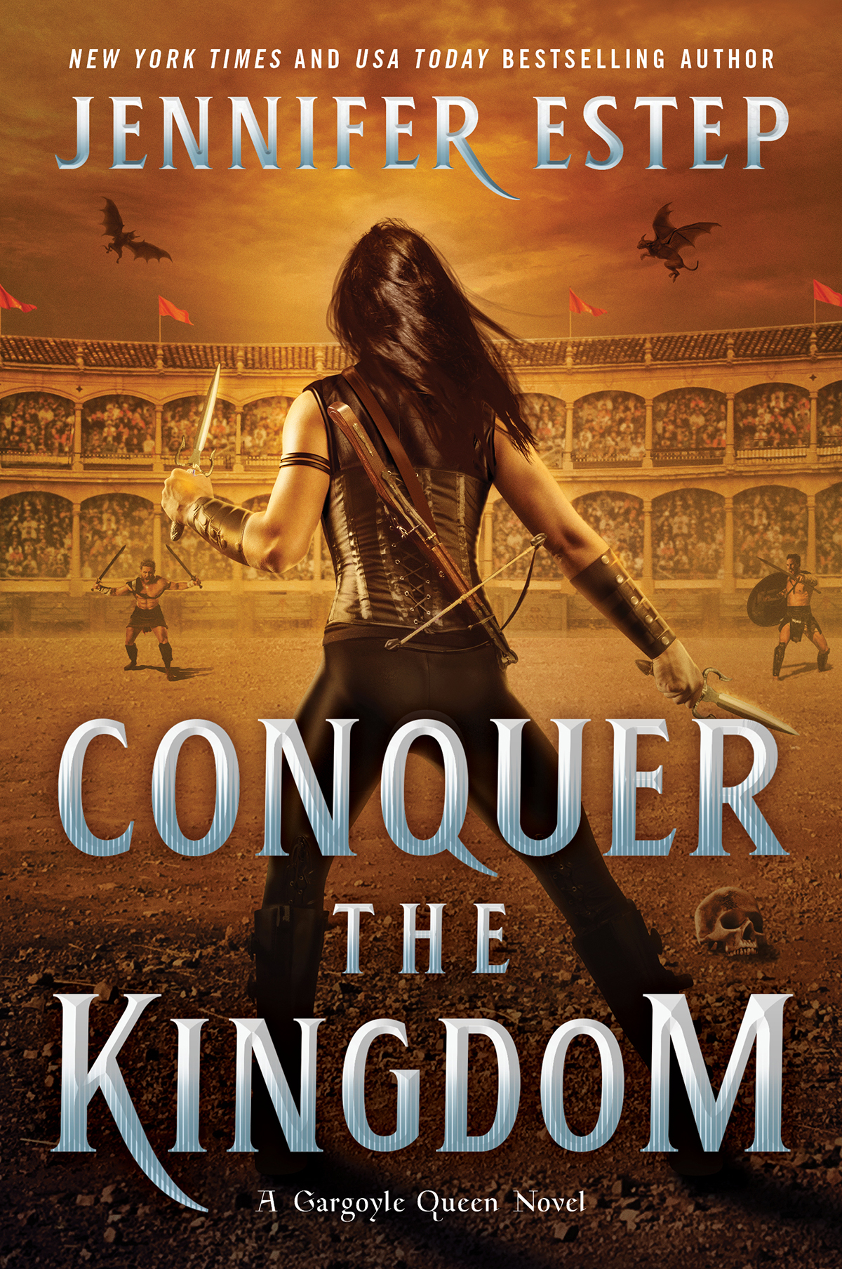 Conquer the Kingdom yellow cover art with woman fighting in an arena