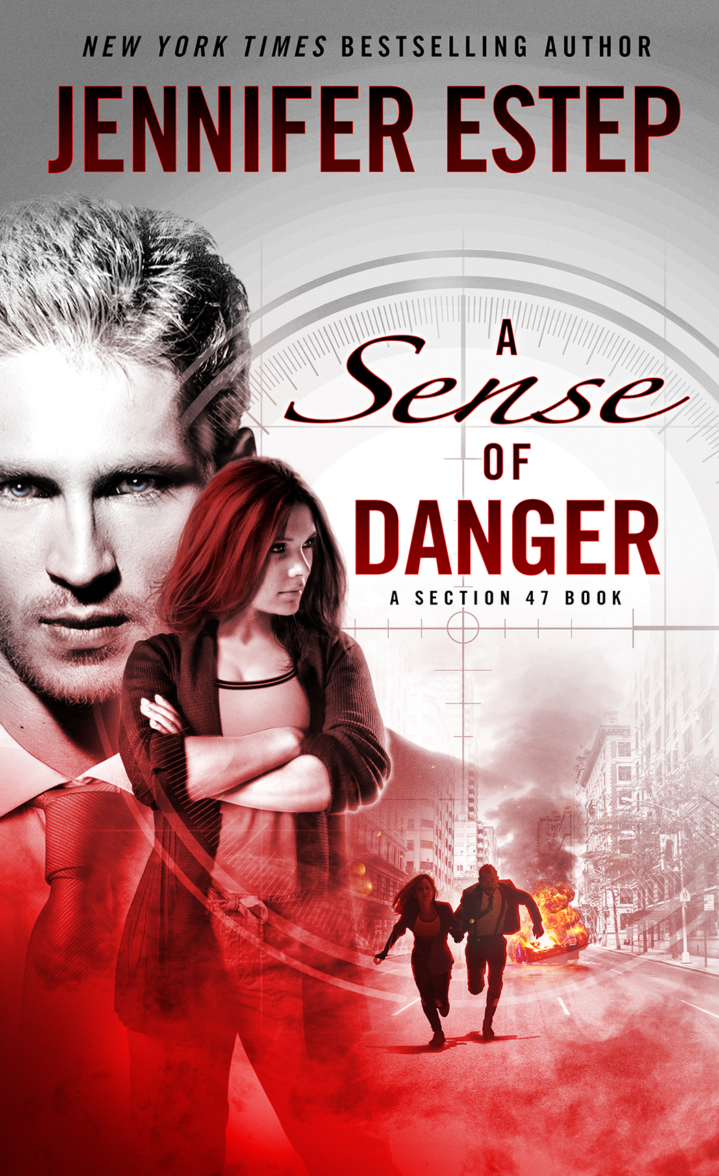 A Sense of Danger red and white cover art with couple, sniper scope, and explosion