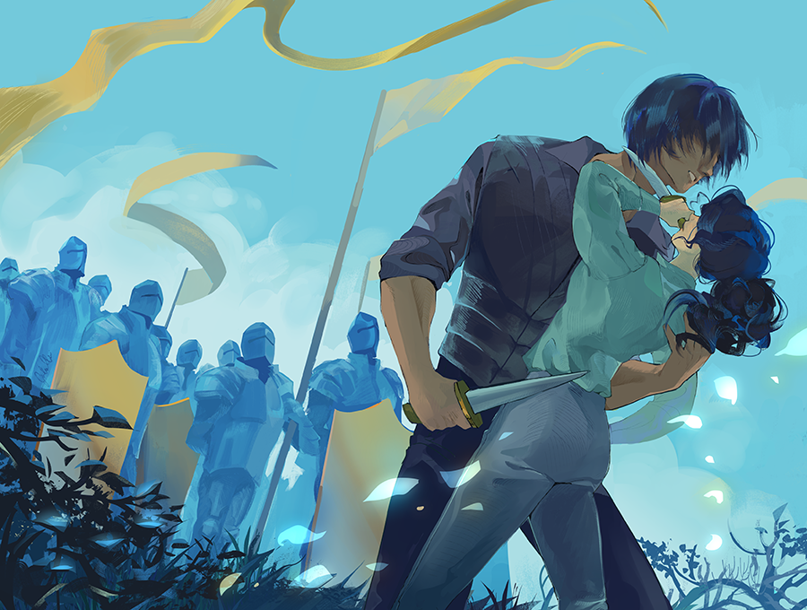 Endpapers art for the US/Canada special edition of Queen of Foxes showing a man and a woman dueling