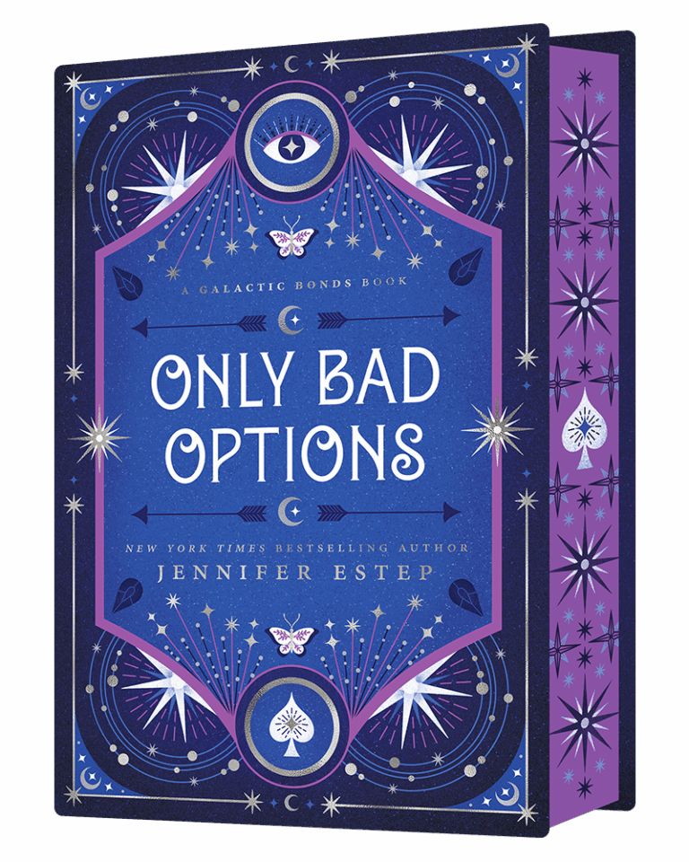 A 3D graphic showing the special edition cover of Only Bad Options, which features a celestial/starry theme