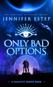 Only Bad Options blue cover art with couple, stars, and spaceships