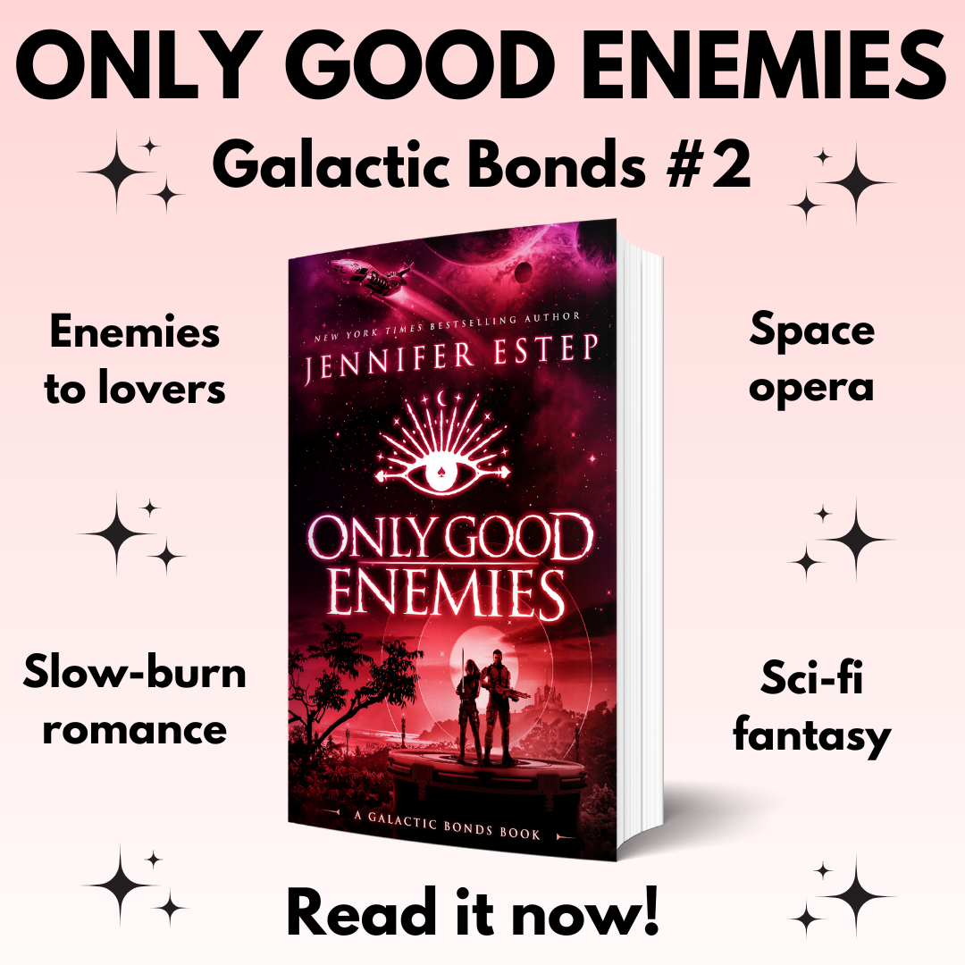 Only Good Enemies 3D cover in a pink background with information about the book tropes