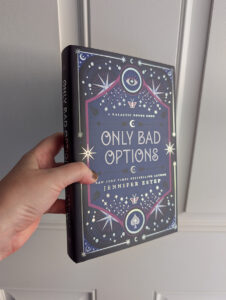 Special edition of Only Bad Options with a dark blue dust jacket with silver foil