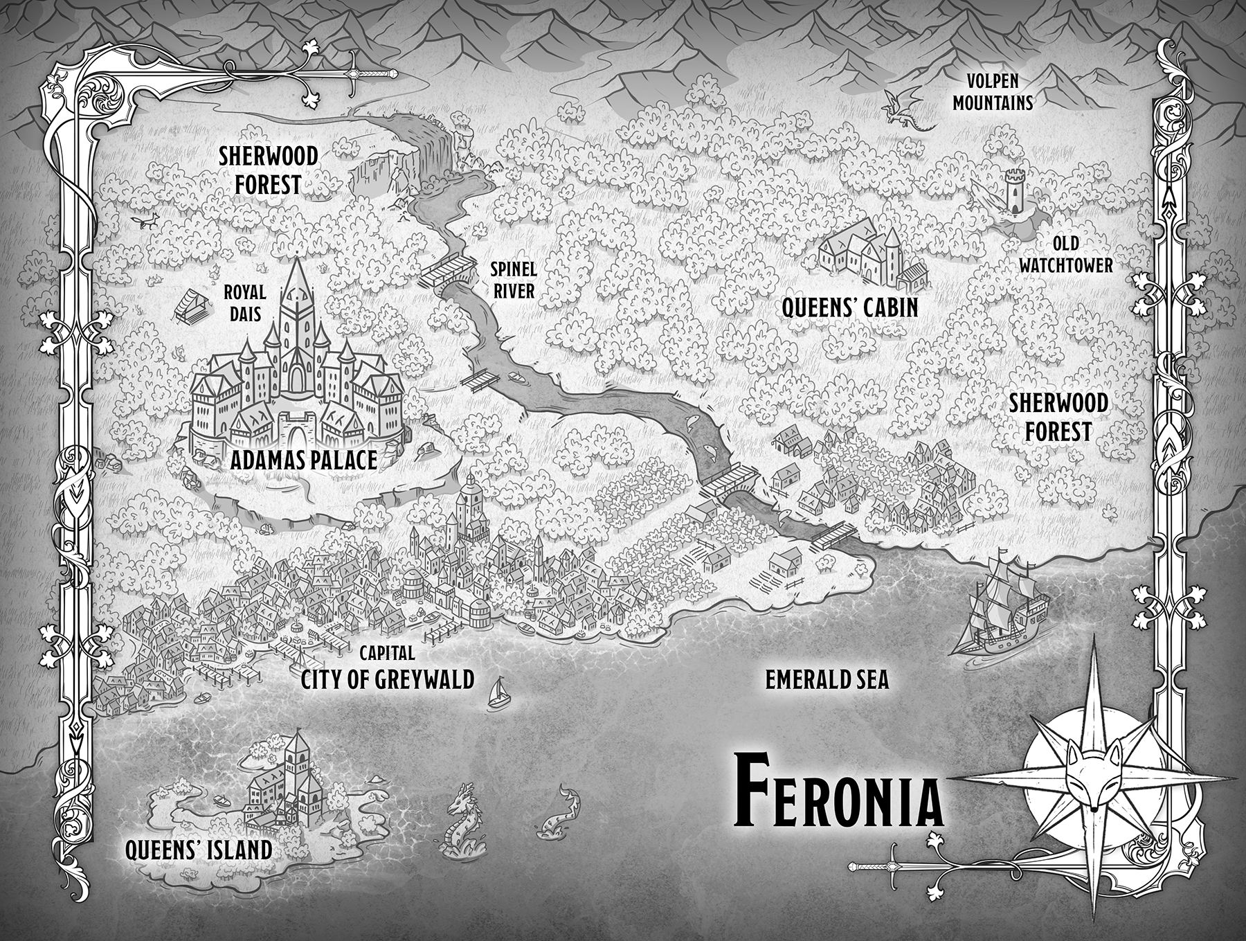 Queen of Foxes map of the kingdom of Feronia; Interior map original illustration by Amy Acosta