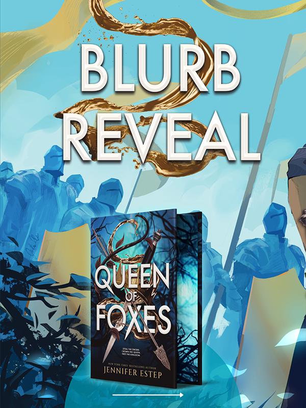 Cover blurb reveal art for Queen of Foxes with a 3D book cover