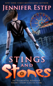 Stings and Stones cover art with woman holding knives standing in front of a Ferris wheel