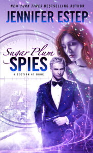 Sugar Plum Spies purple cover art with couple, castle, snow, and sparkles