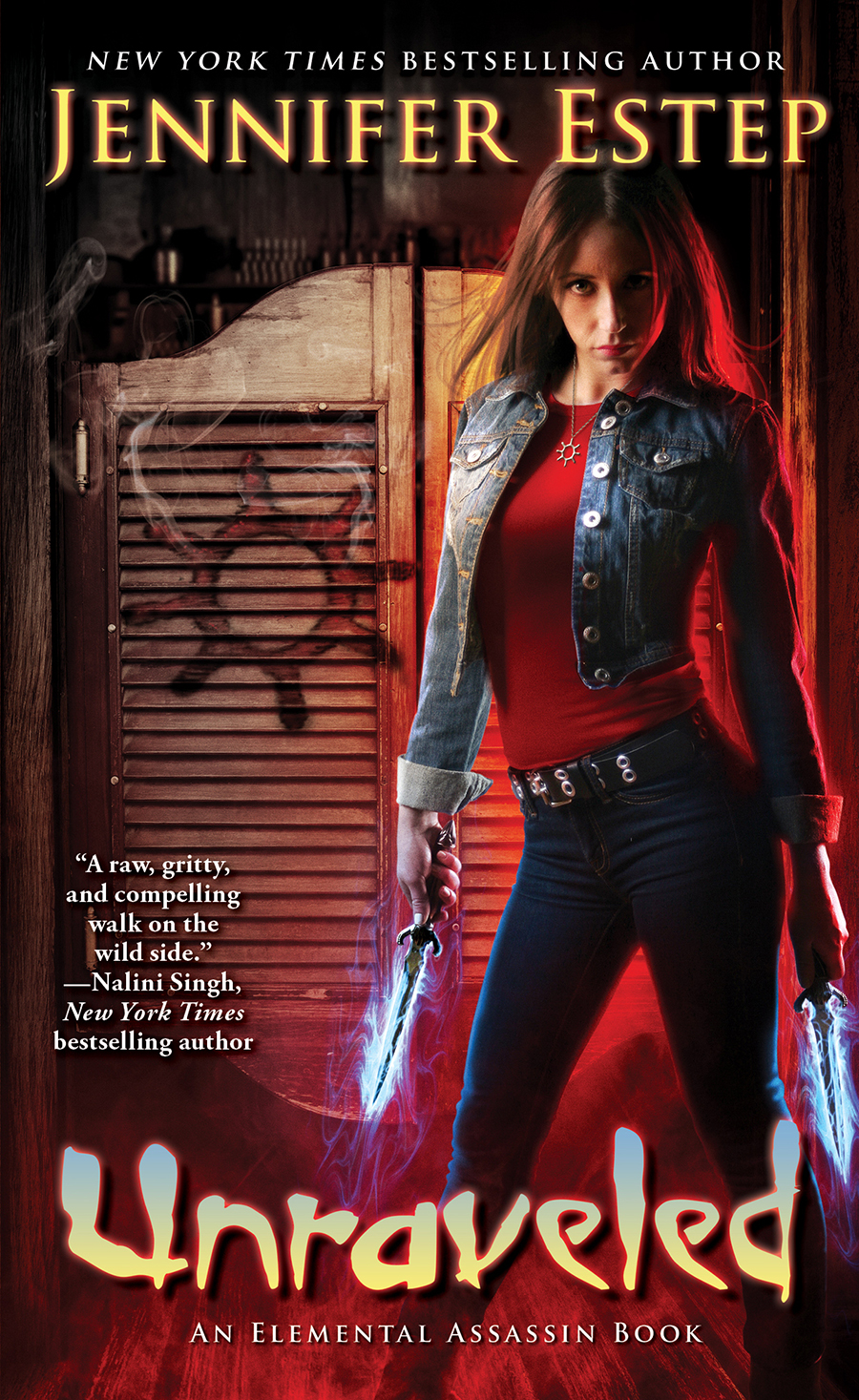 Unraveled cover art — woman holding a knife in front of a wooden saloon door